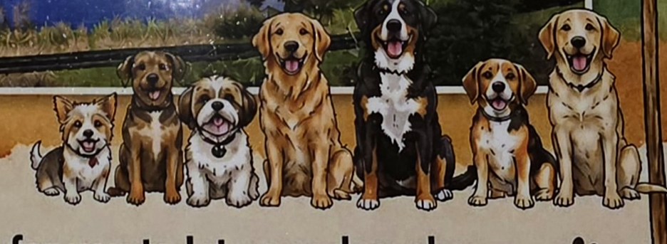 Illustration of the Bay Road Bow Wow pack: seven happy dogs of all sizes, from a corgi to a mountain dog